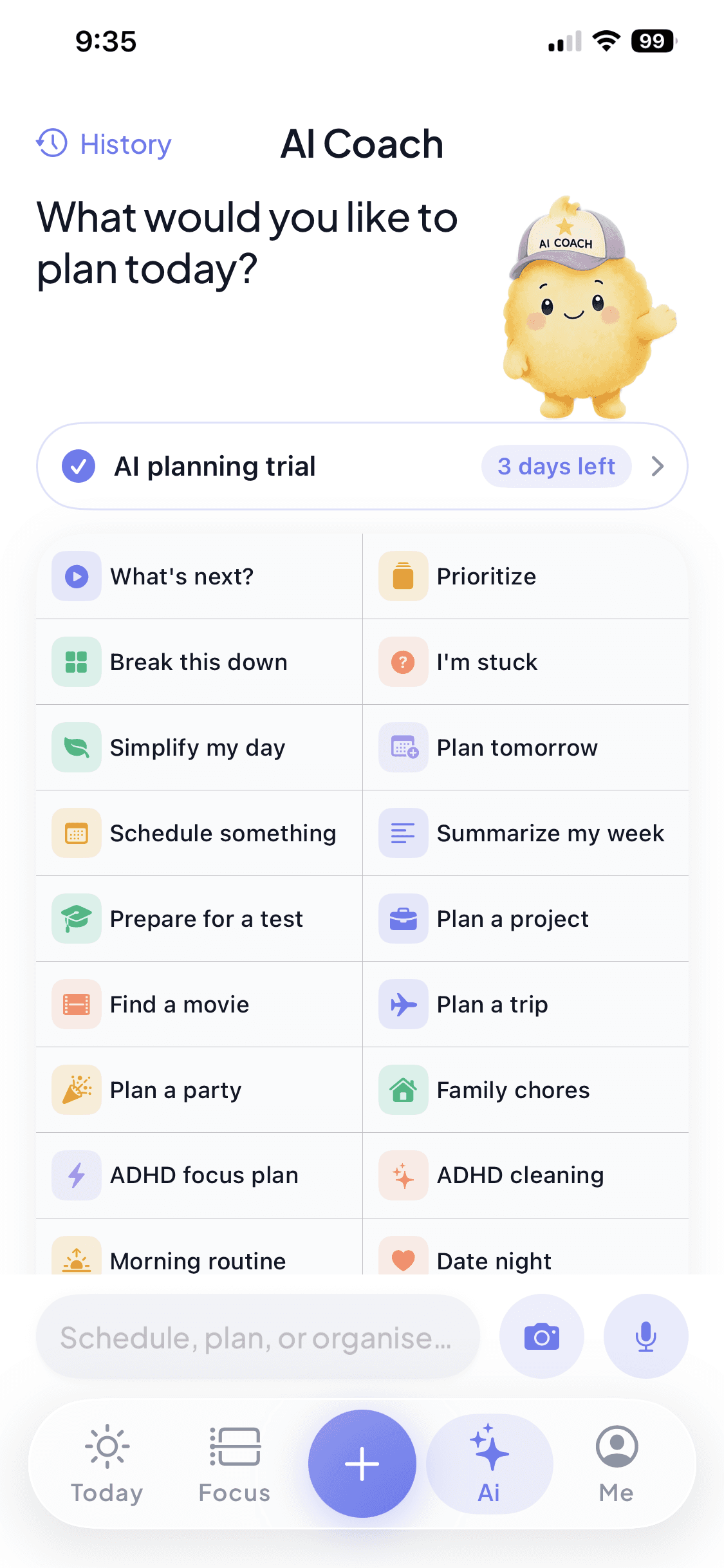 AI Coach screen with planning prompts plus photo and voice input