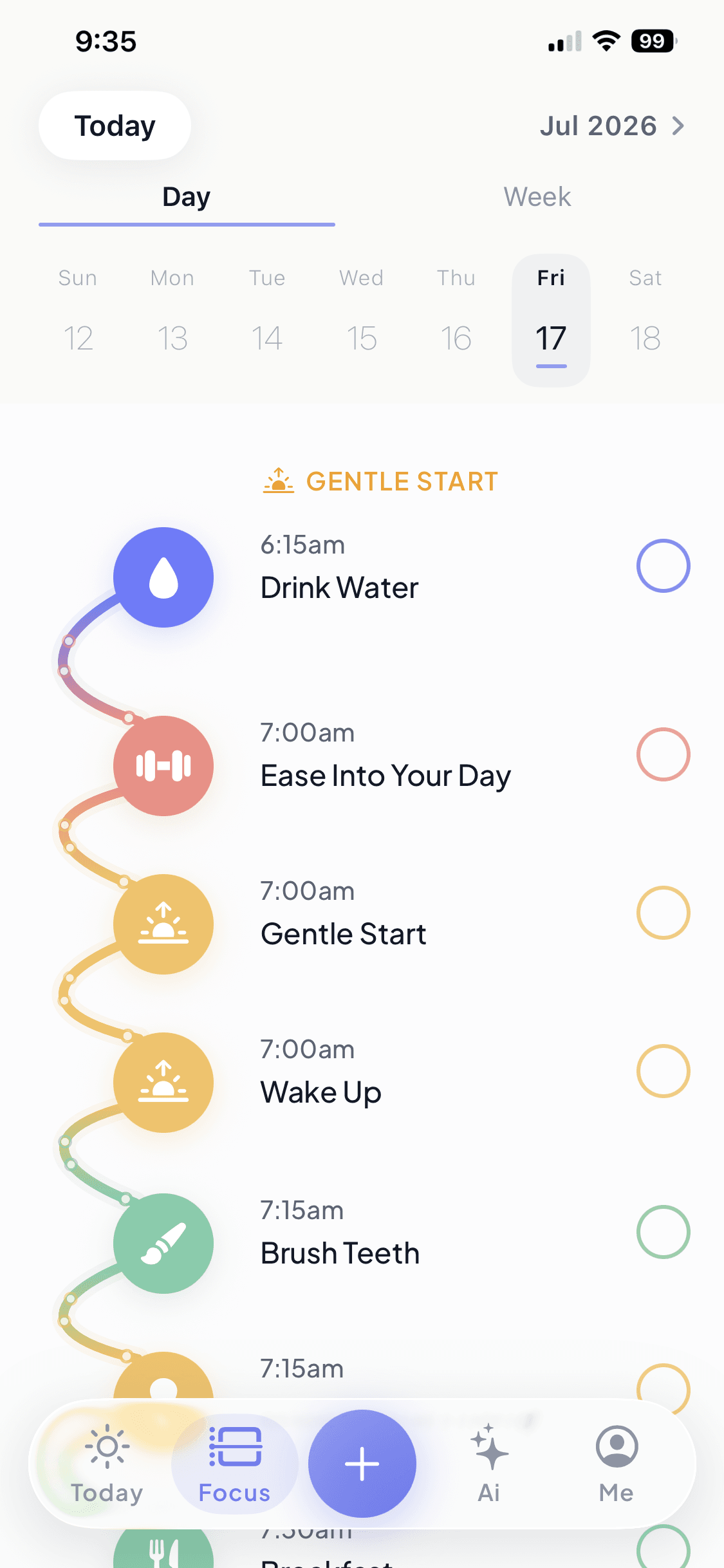 Flow Day timeline showing the day's tasks in chronological order