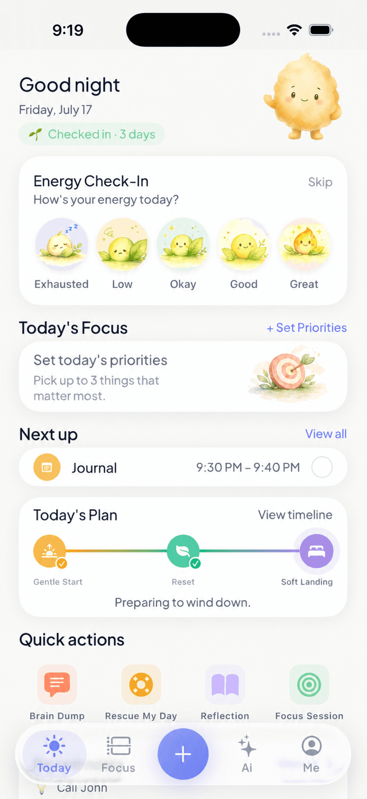 Planuki Today screen with an energy check-in, priorities, daily anchors, and quick actions