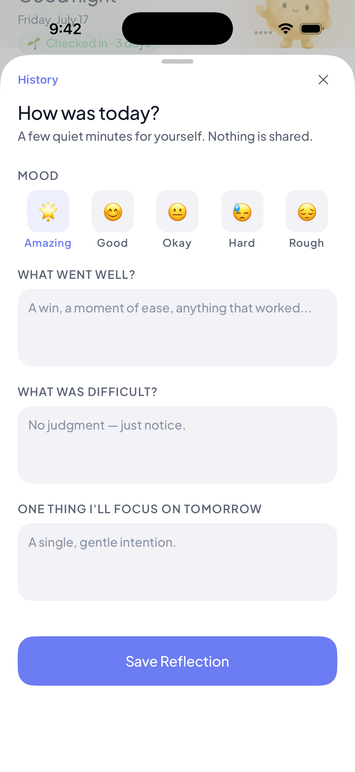 Reflection screen asking how was today with mood options