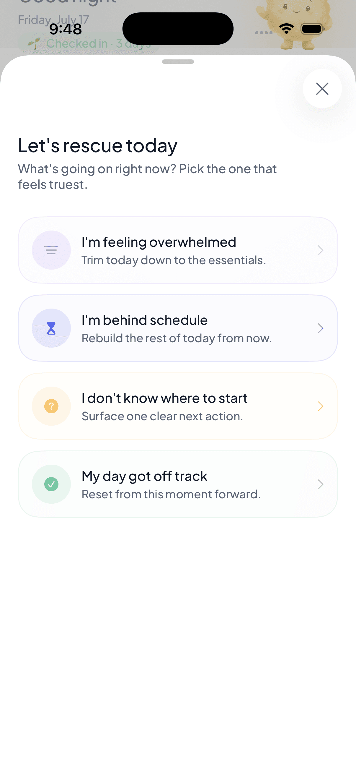 Rescue My Day screen with four ways to rebuild a difficult day