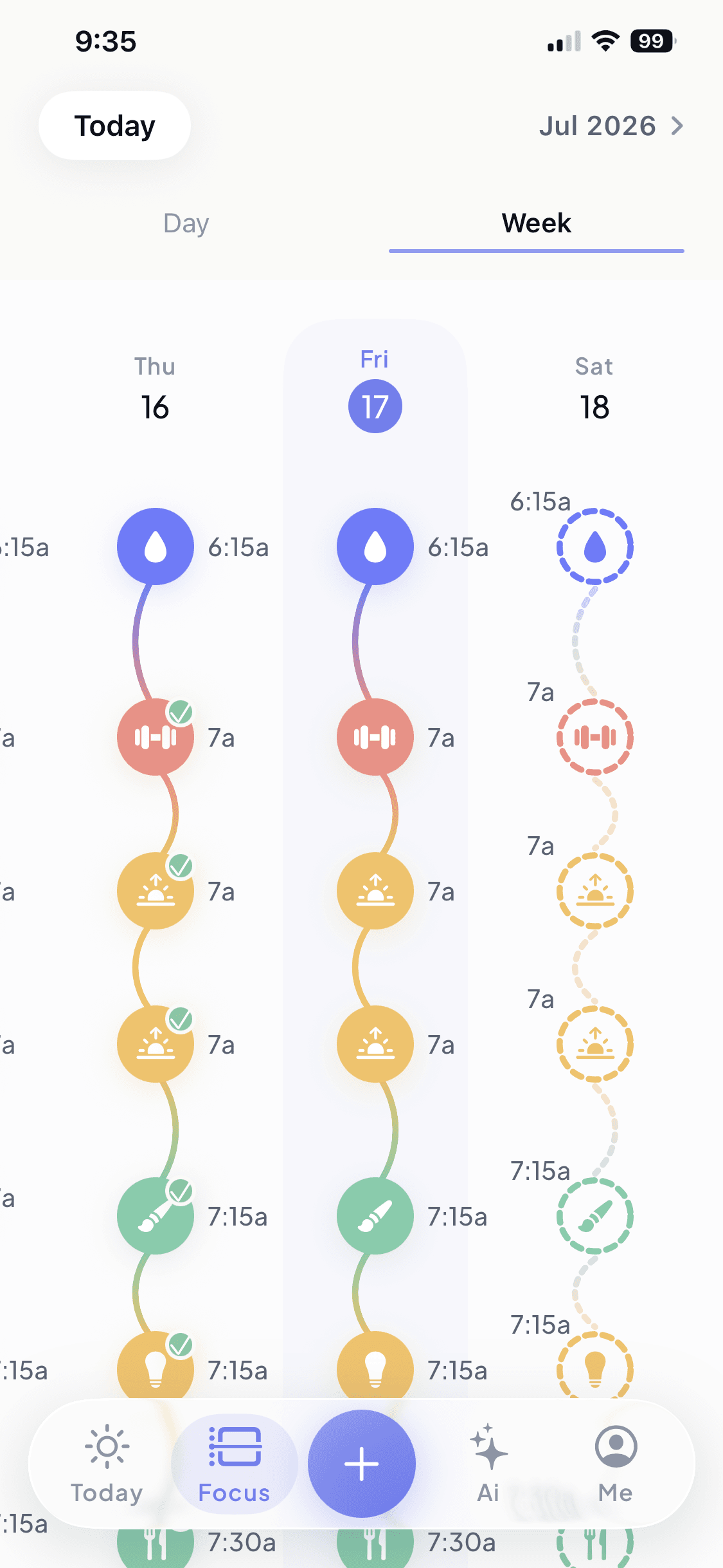 Week view showing routines across several days